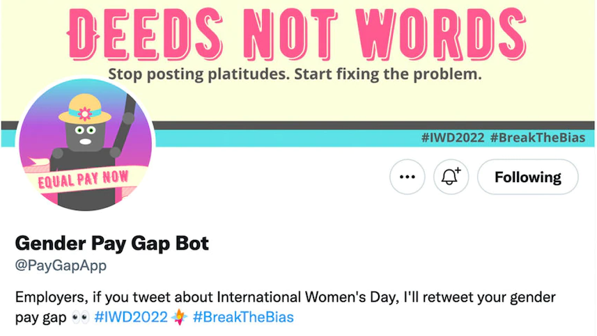 Gender Pay Gap Bot calls out brands tweeting about International Women’s Day while paying women less than men